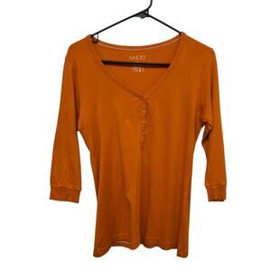 Y2K Orange Henley Top Coquette XL 3/4 Sleeve V Neck Layering Minimalist Cozy